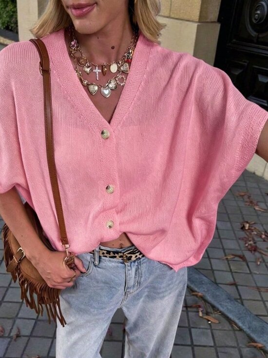 Gentle Pink Casual Women's V-Neck Button Short Sleeve Oversized Knit Cardigan - Picture 3 of 10